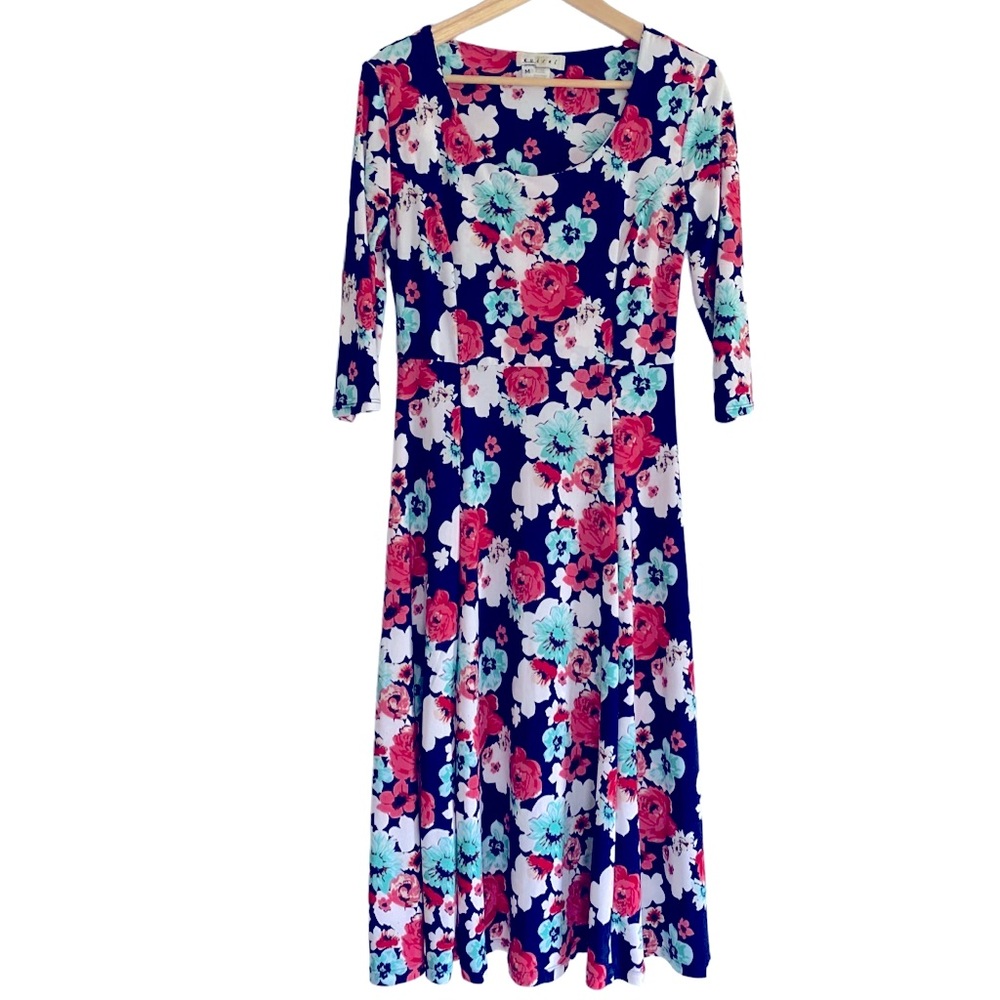 Avital Inc pullover blue floral scoop neck dress size M